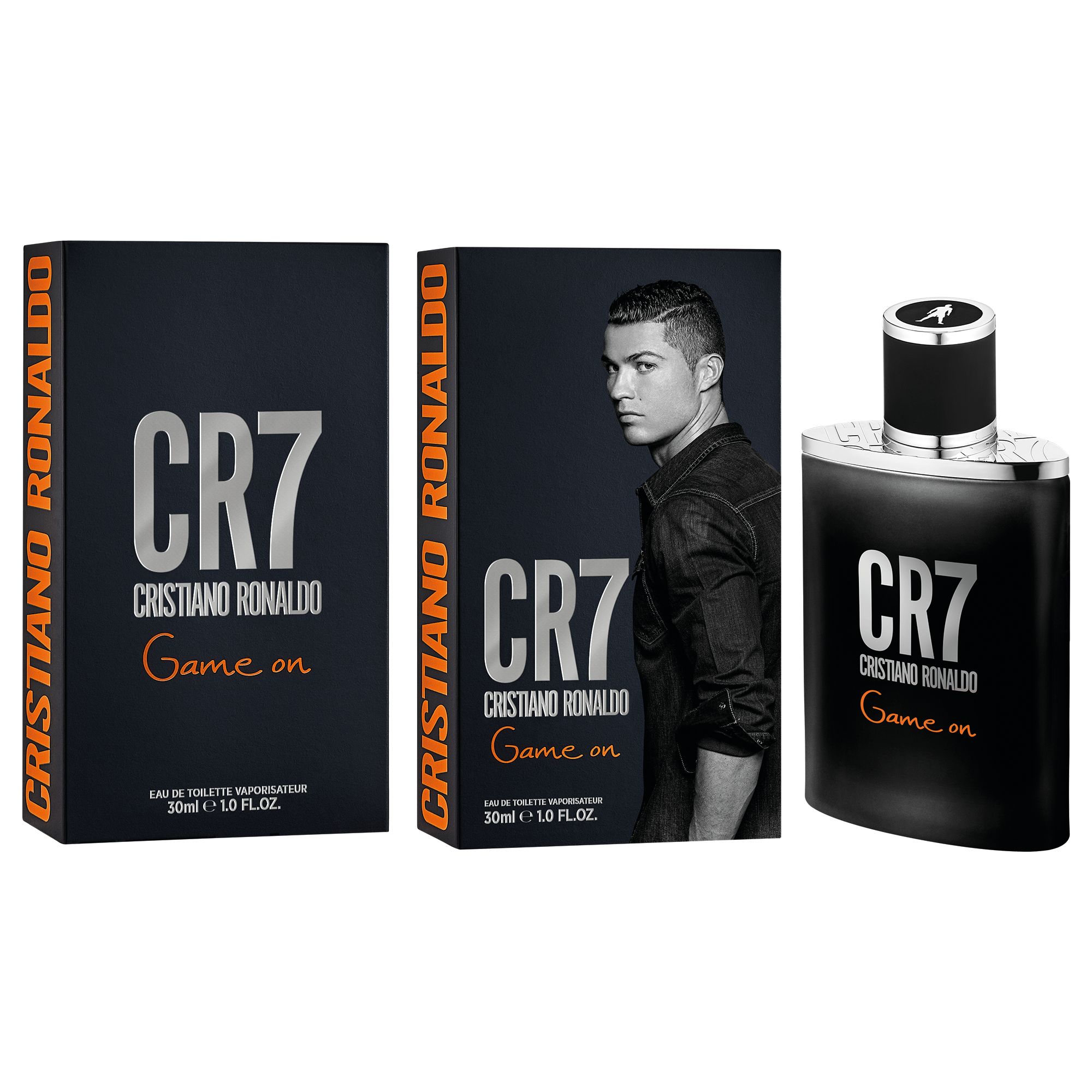 Drei Produkte: Flakon und zwei Verpackungen. Aufschrift CR7, Cristiano Ronaldo, Game on. 30ml.