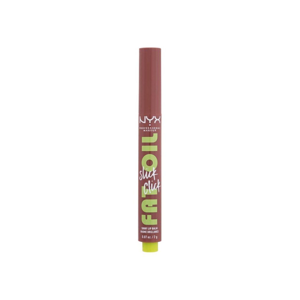 Lippenbalsam. Zylindrische Form, brauner Körper, grüne Basis. Aufschrift: FAT OIL slick click, NYX Professional Makeup.