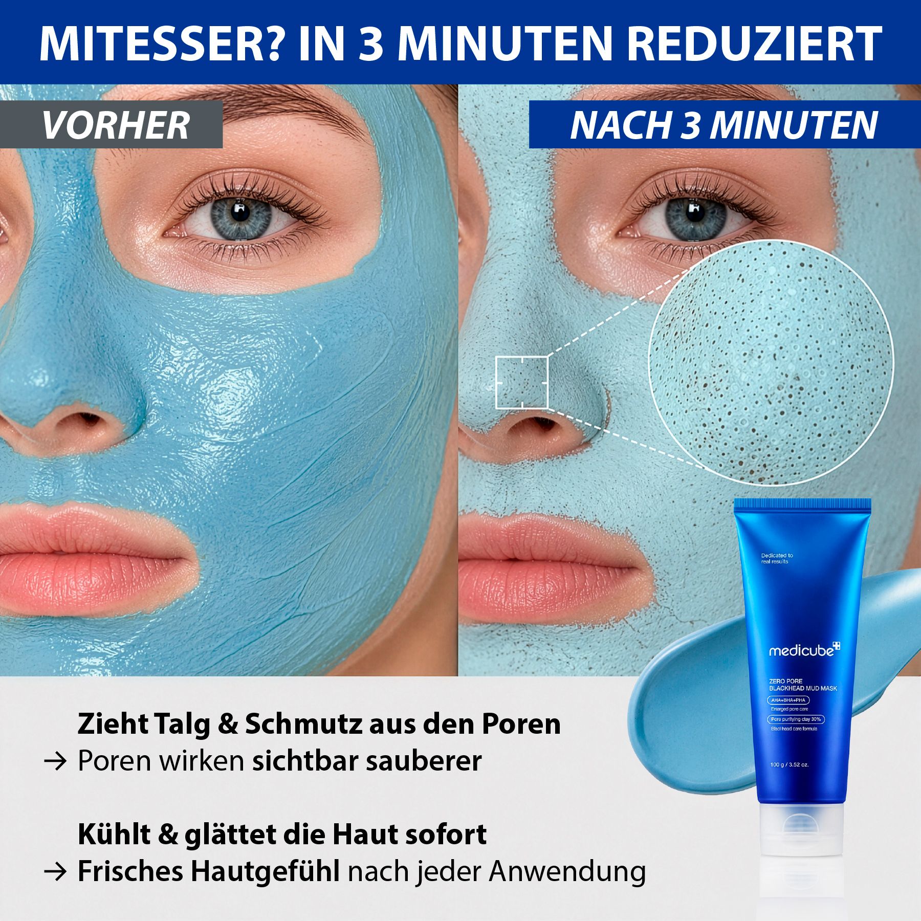 Vorher-Nachher-Vergleich einer Gesichtsmaske, die blaue Maskencreme zeigt. Eine Lupe hebt die Poren hervor.