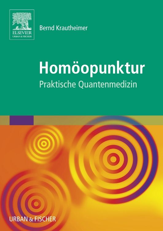 Buchcover mit Titel "Homöopunktur". Autor: Bernd Krautheimer. Verlag: Urban & Fischer. Hintergrund: Grün und orange mit Kreismuster.