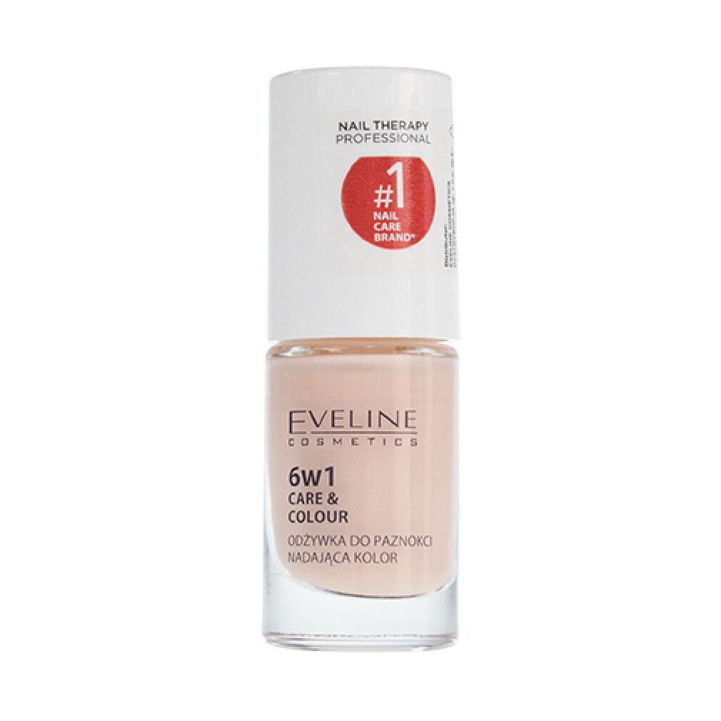 Nagelconditioner mit rosa Farbton. Flasche mit weißem Deckel. Aufschrift: Eveline Cosmetics, 6w1 Care & Colour.