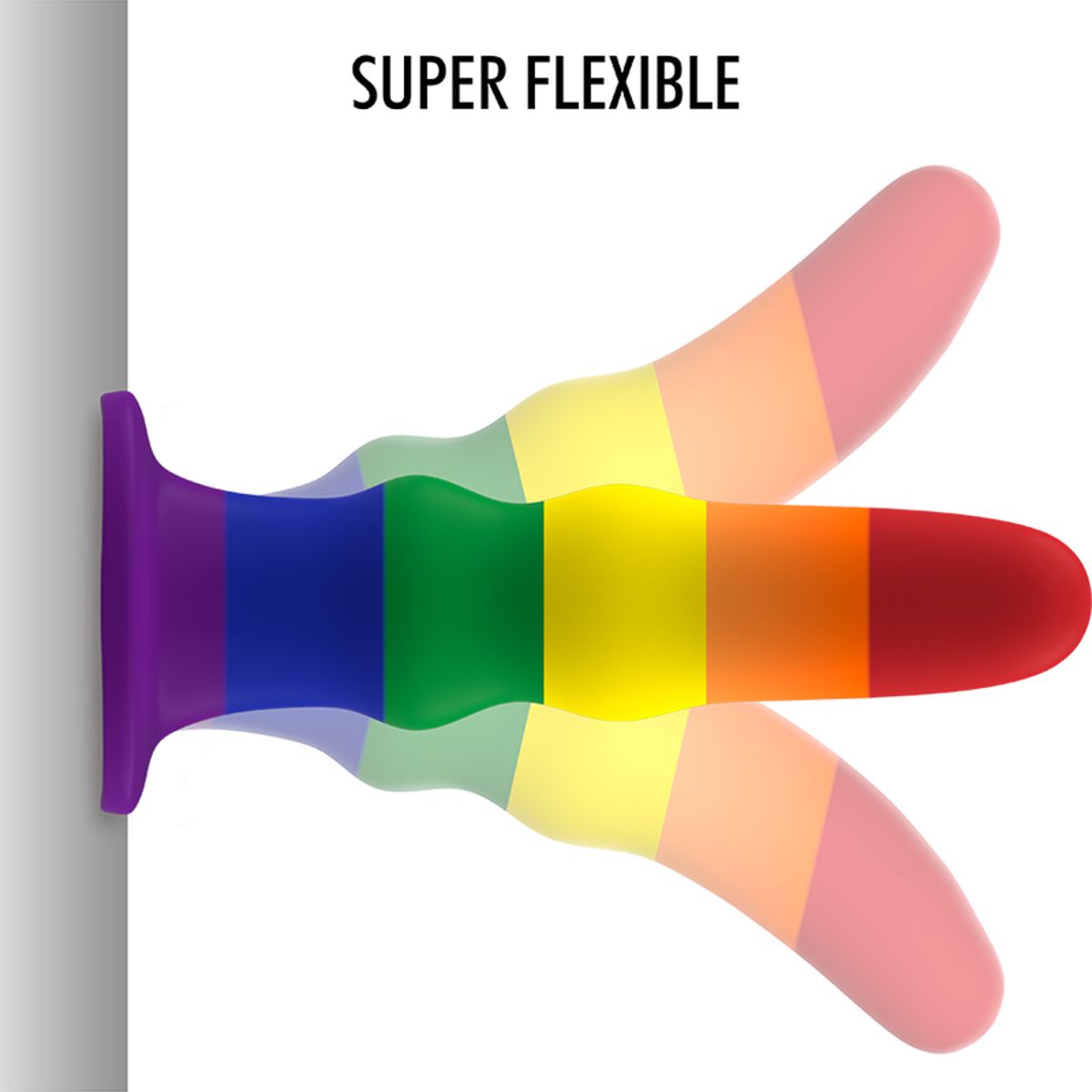 Regenbogenfarbener Dildo, stark gebogen. Aufschrift: SUPER FLEXIBEL.