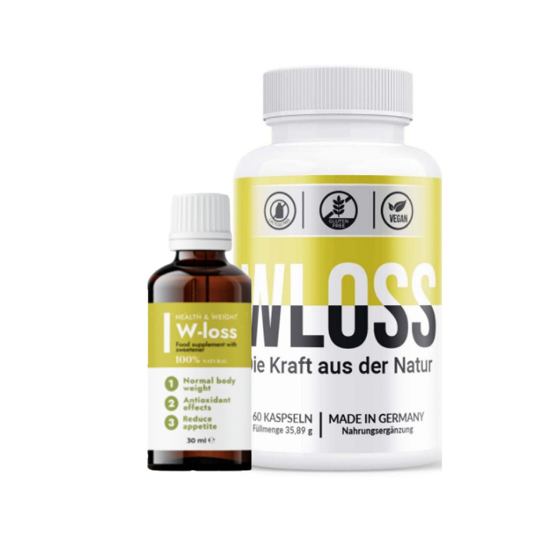 Flasche mit Tropfen und Kapseln. Aufschrift: W-Loss. Vegan-Siegel. Made in Germany.