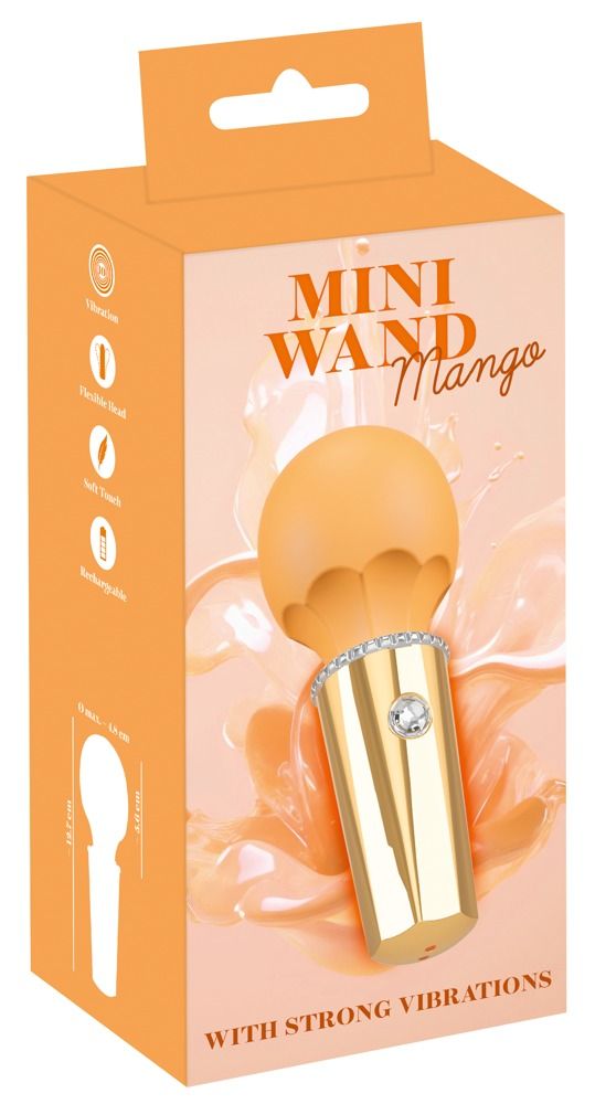 Orangefarbene Verpackung mit Produktabbildung. Aufschrift: MINI WAND Mango. Illustration des Produkts und Eigenschaften.