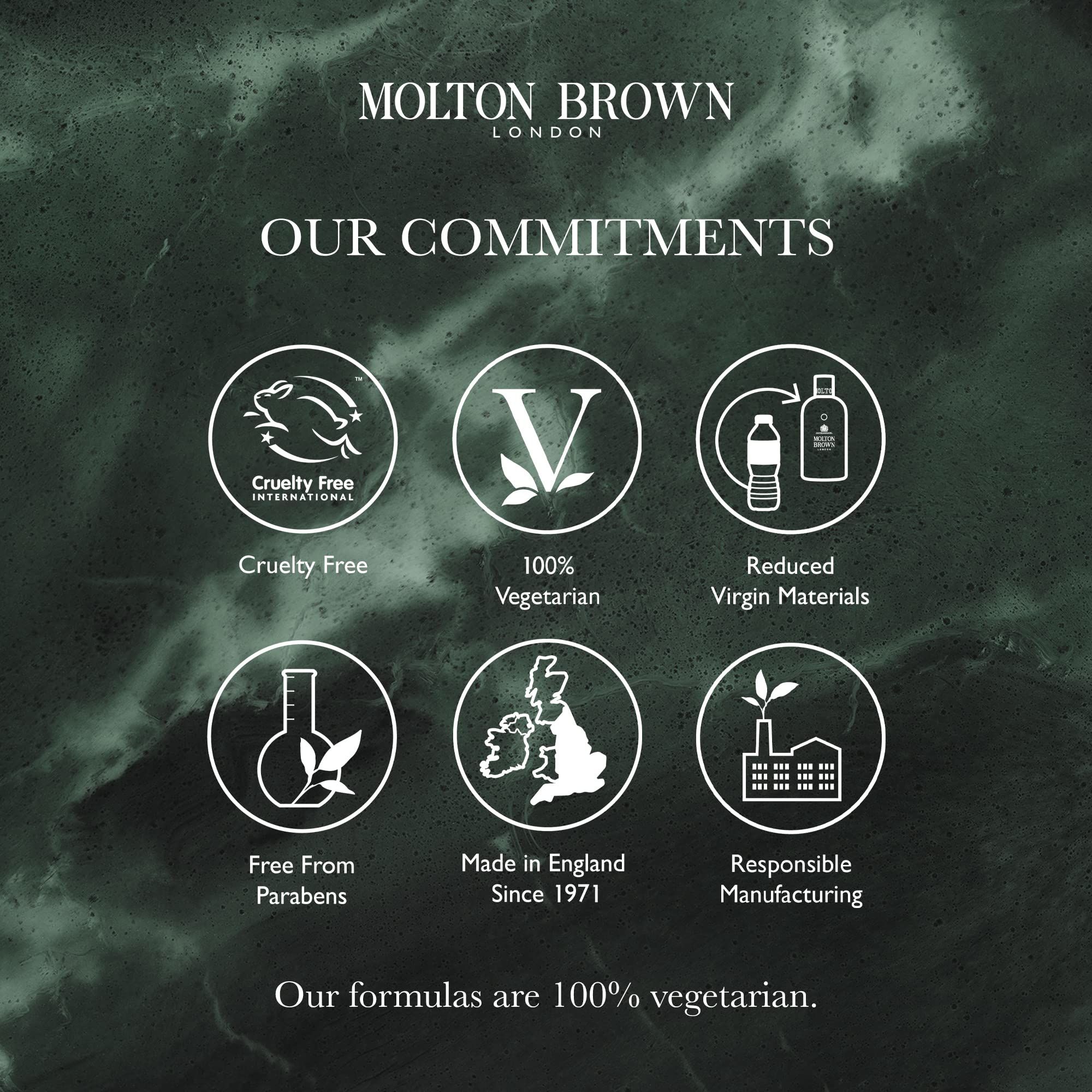 Grafik mit Logos: Cruelty Free, 100% Vegetarian, Reduced Virgin Materials, Free From Parabens, Made in England, Responsible Manufacturing.