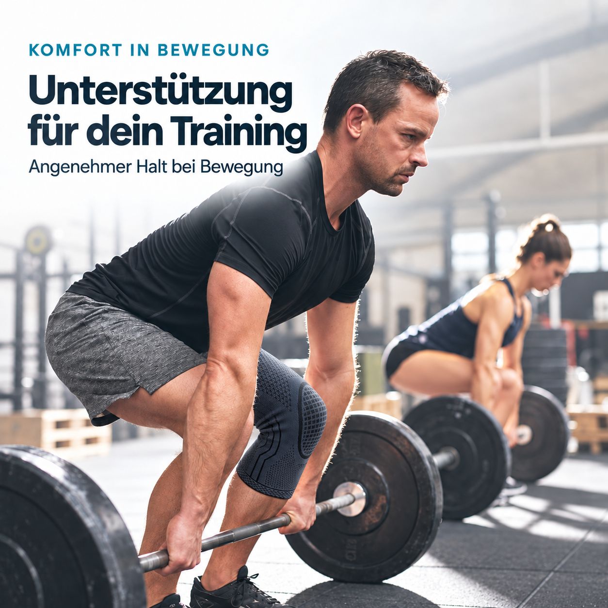 Mann beim Gewichtheben mit Kniebandage. Unterstützung beim Training für angenehmen Halt bei Bewegung.