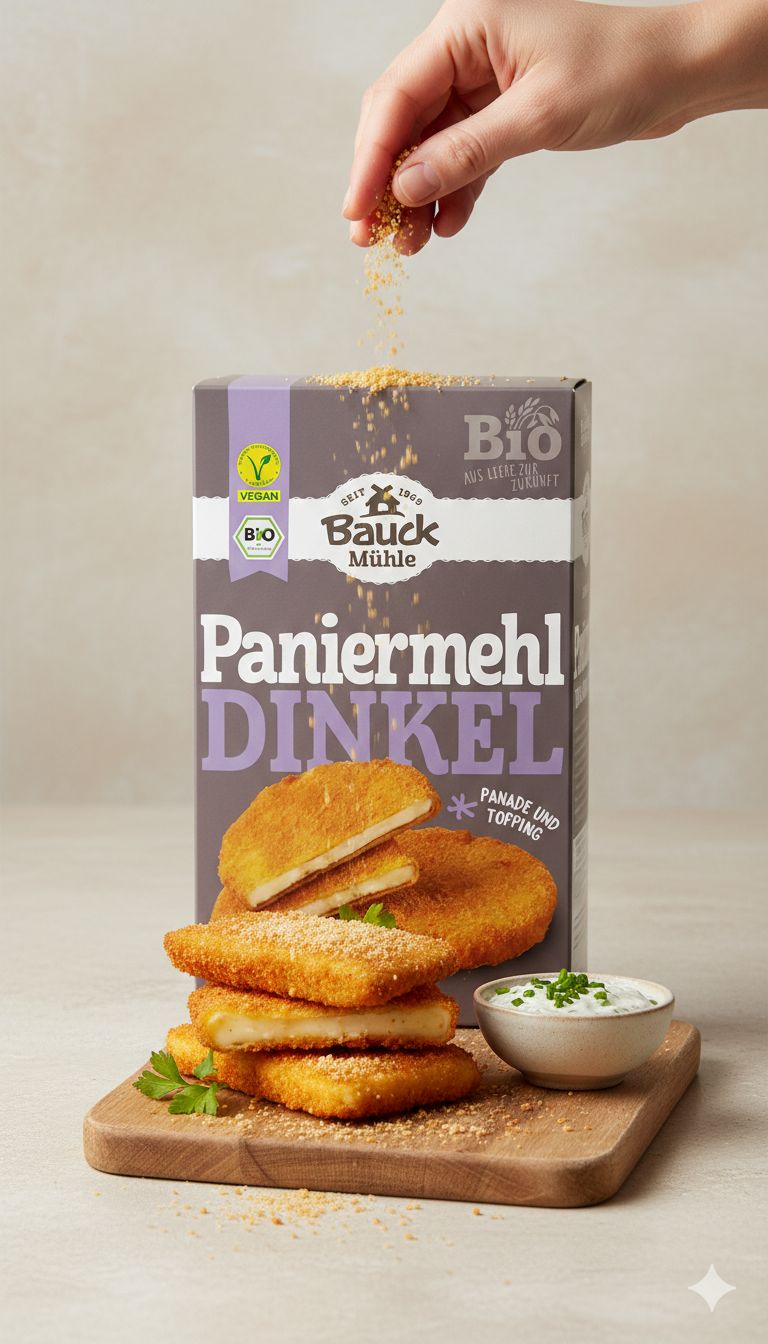 Bauck Mühle Dinkel-Paniermehl Bio Verpackung mit panierten Speisen.