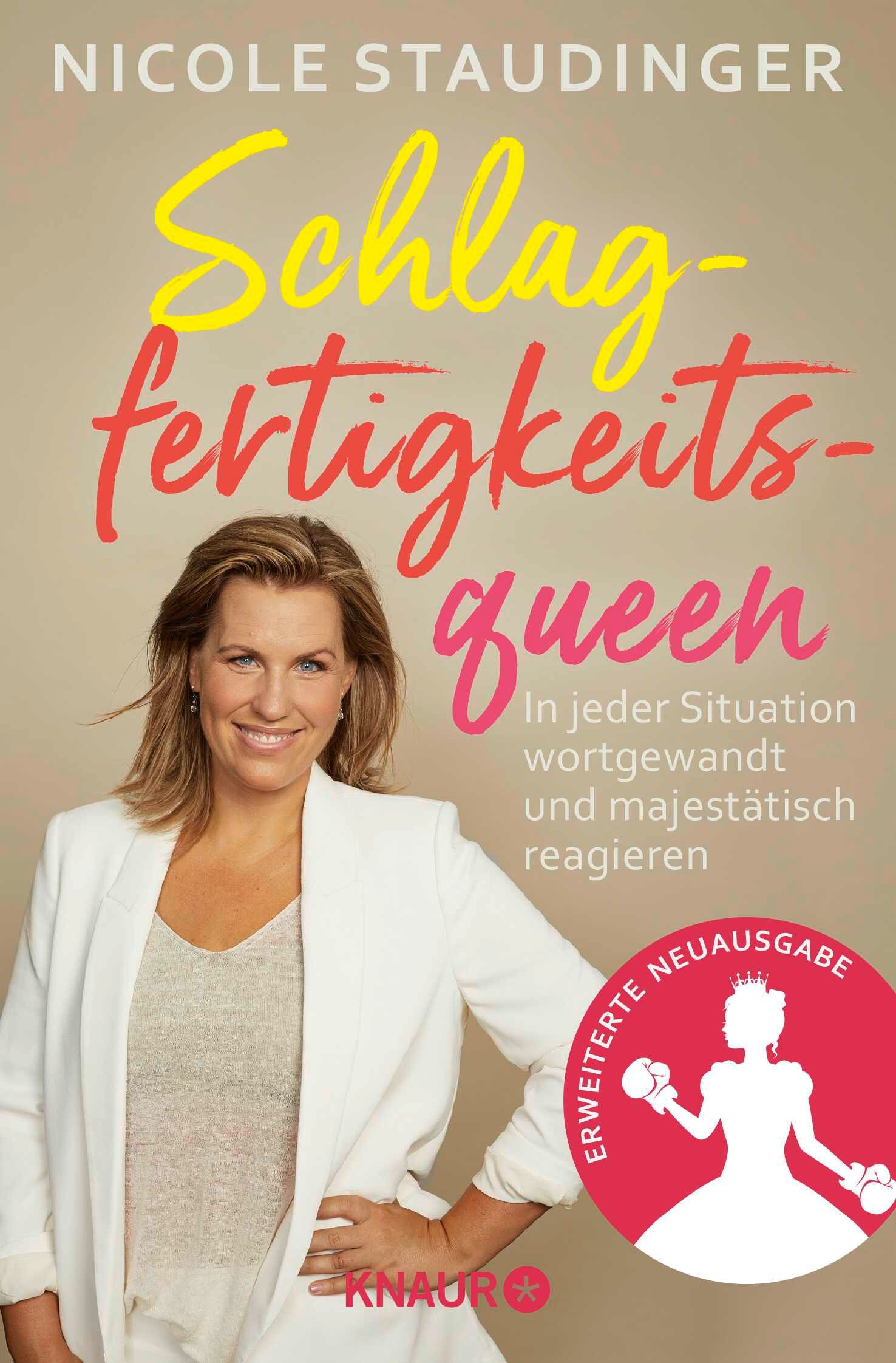 Buchcover mit Titel 'Schlagfertigkeitsqueen'. Frau mit weißem Blazer. Roter Kreis mit Silhouette und Text 'Erweiterte Neuausgabe'.