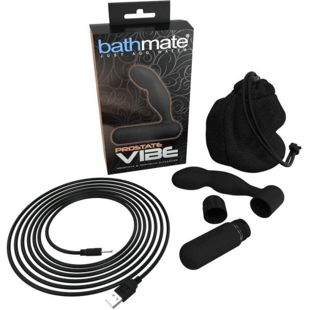 Bathmate Prostate Vibe Set mit Verpackung, Ladekabel, Aufbewahrungsbeutel und Zubehör.