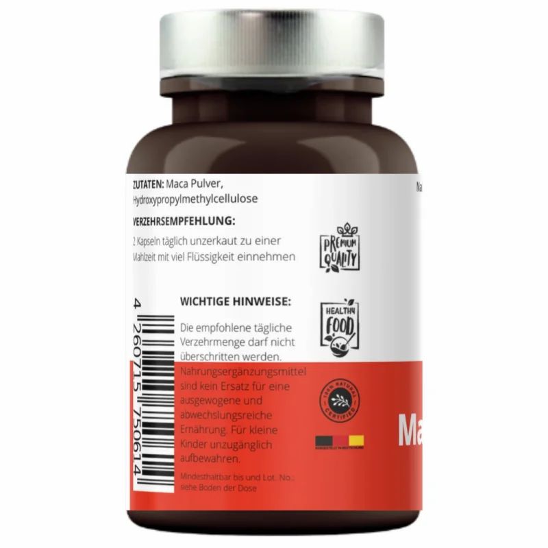 Rückseite einer braunen Kapsel-Dose mit silbernem Deckel. Roter Streifen. Aufschrift: Zutaten, Verzehrempfehlung, wichtige Hinweise. Logos: Premium Quality, Healthy Food.