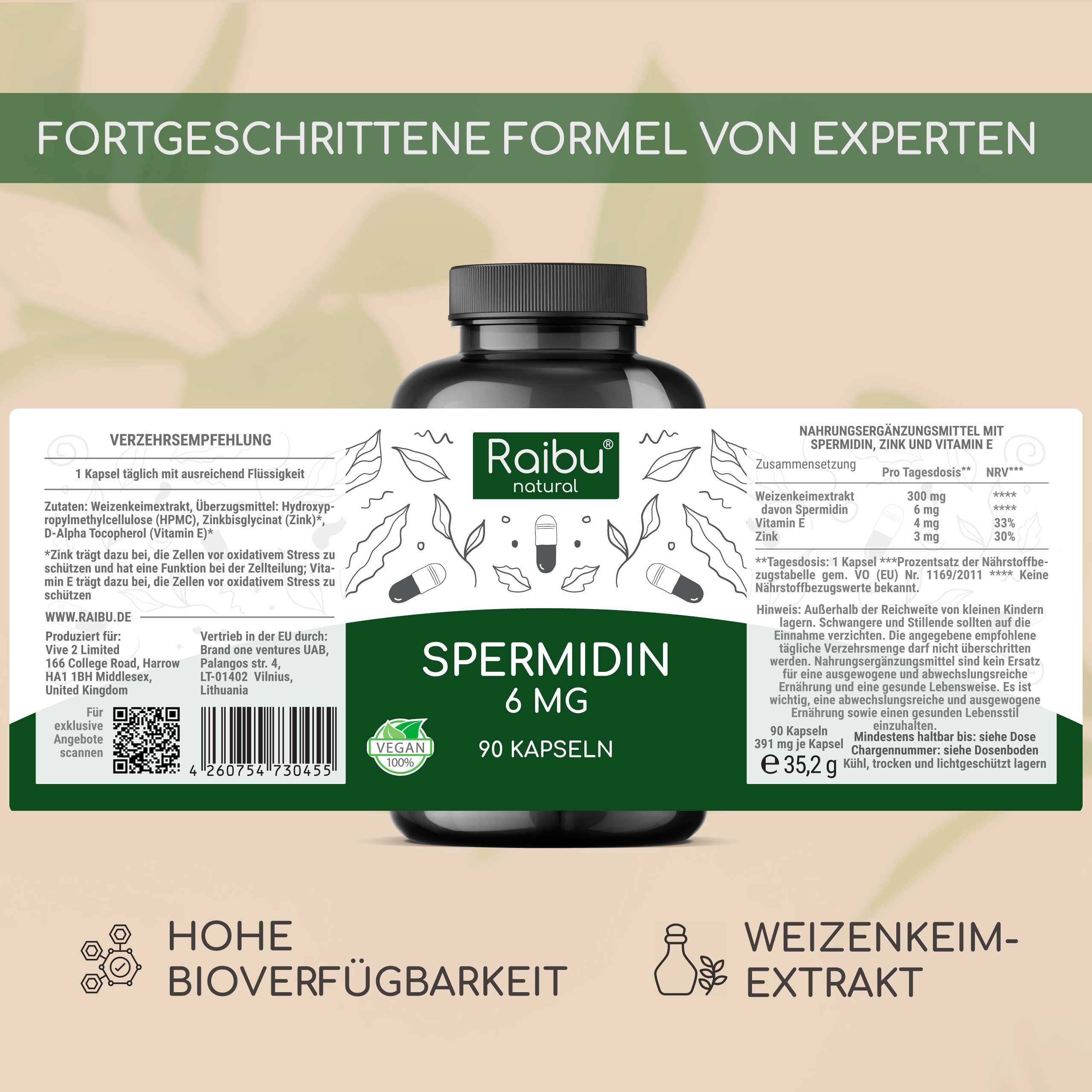 Braune Flasche mit Etikett. Enthält 90 Kapseln. Marke: Raibu natural. Aufschrift: Spermidin 6 mg. Zusammensetzung und Verzehrempfehlung.