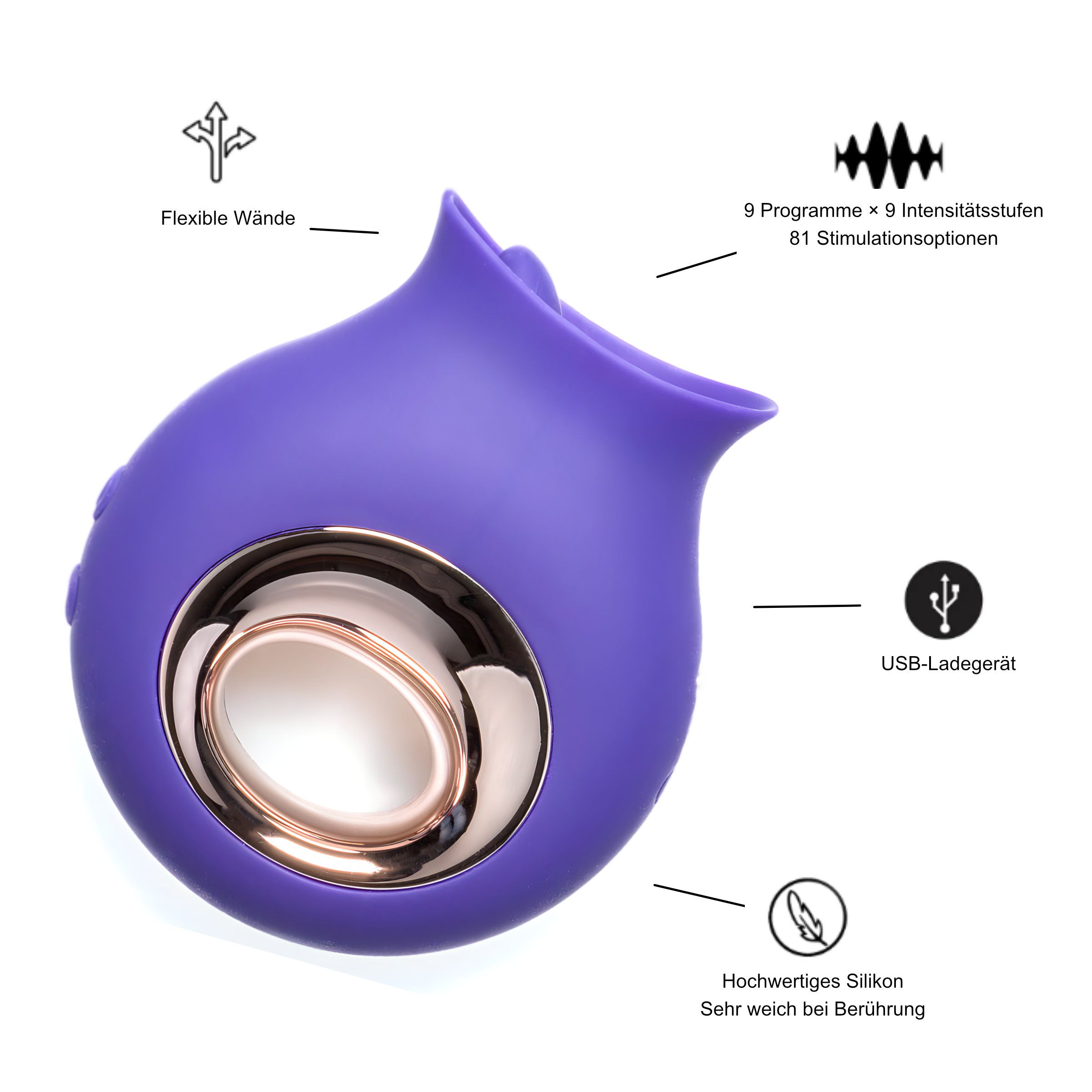 Lila Zungenvibrator mit goldfarbenem Ring, 81 Modi, USB-Ladegerät.