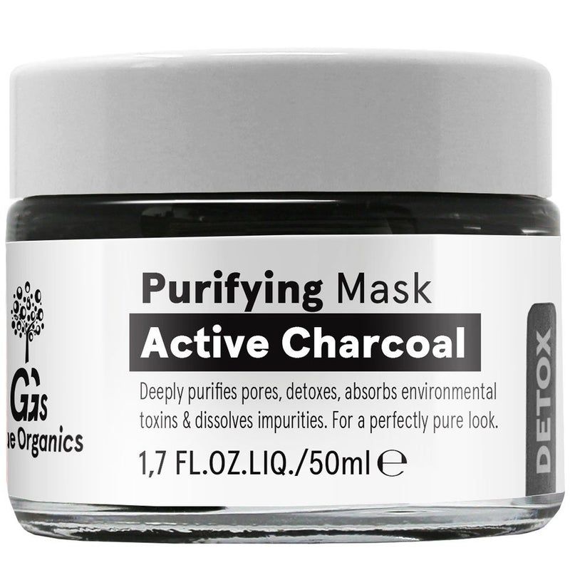 Glasbehälter mit schwarzer Gesichtsmaske. Aufschrift: Purifying Mask Active Charcoal. Marke: GGs Organics. Volumen: 50ml.