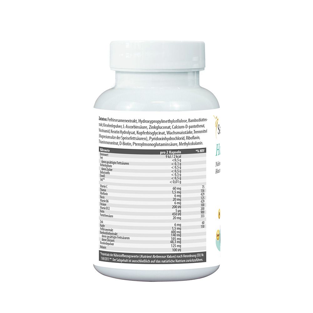 Rückseite der weißen Flasche SanaExpert Haar Forte Gold. Zutatenliste und Nährwertangaben. Text in deutscher Sprache.