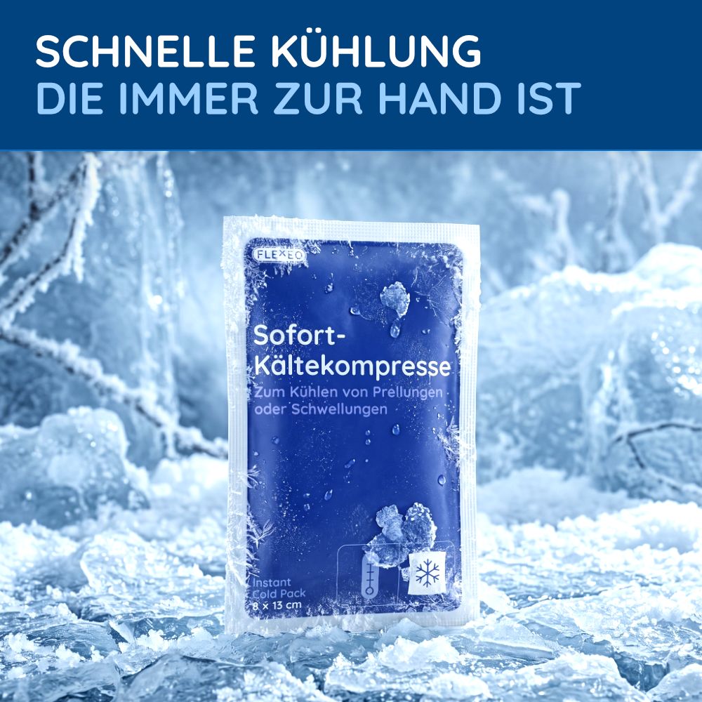 FLEXEO Sofort-Kältekompresse auf eisigem Hintergrund mit Schneeflockensymbol.