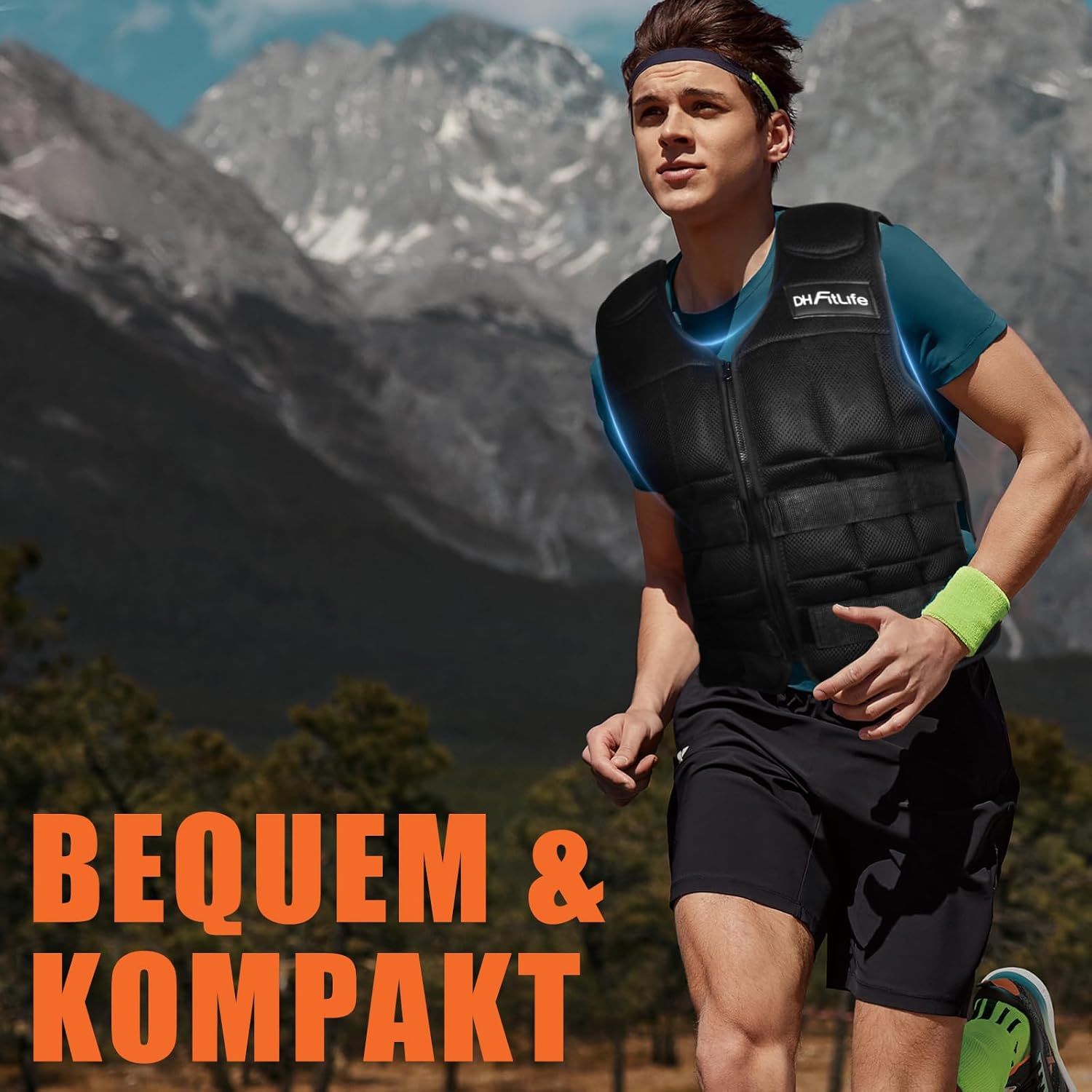 Mann läuft mit schwarzer Gewichtsweste. Berge im Hintergrund. DH FitLife Logo sichtbar.