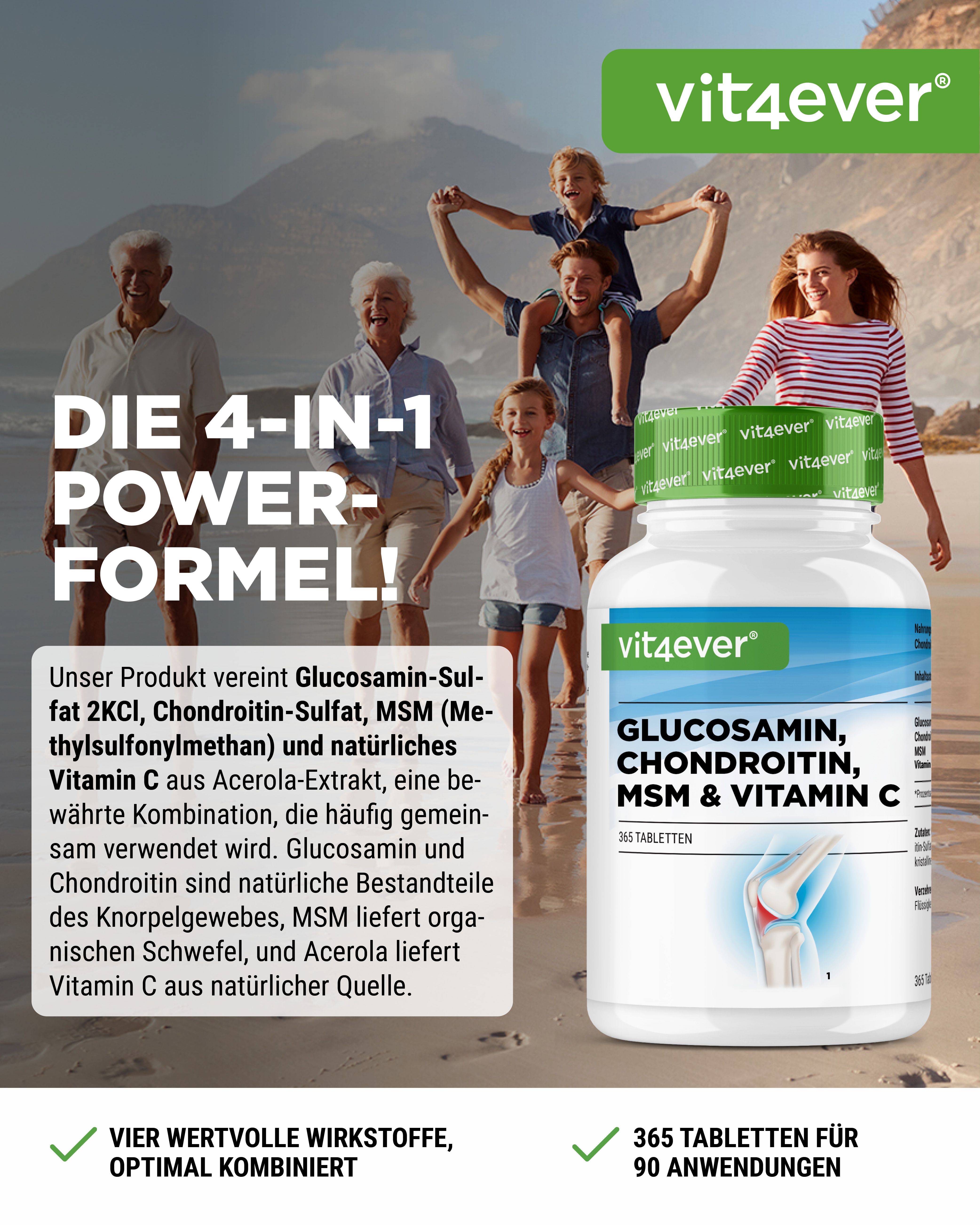 Vit4ever Glucosamin, Chondroitin, MSM & Vitamin C Nahrungsergänzungsmittel in weißer Dose mit 365 Tabletten. Familie am Strand.
