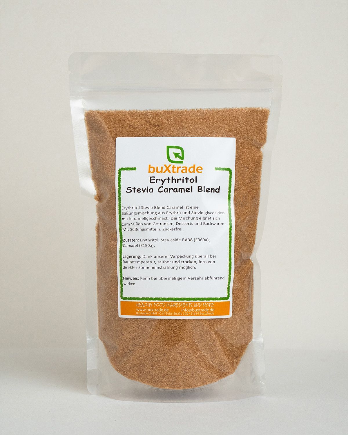 Pouch mit buxtrade Erythritol Stevia Caramel Blend Süßstoffmischung.