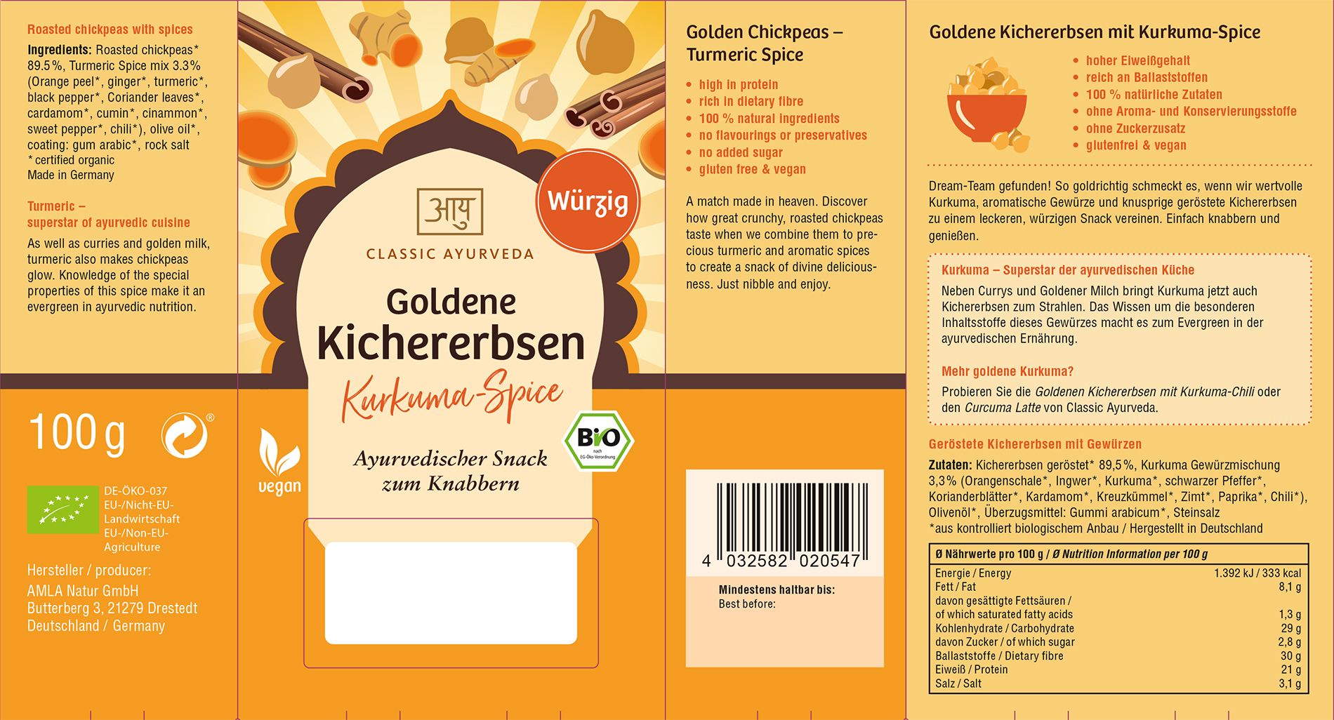Ausgeklappte Verpackung "Goldene Kichererbsen Kurkuma-Spice". Text und Zutatenliste. Logo "Classic Ayurveda". Label "BIO".