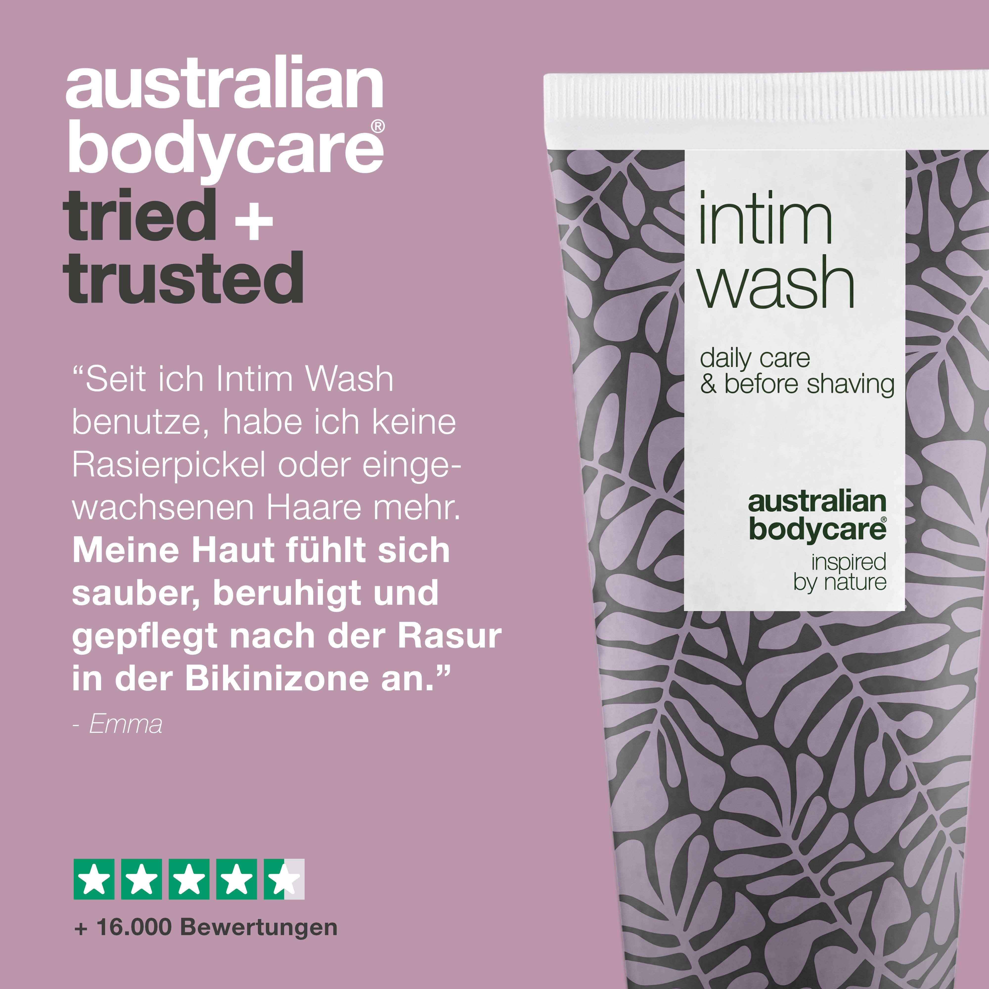 Tube Intim Wash, Text: Getestet von Dermatologen, 100% recycelbare Verpackung, sanft, hochwertige Inhaltsstoffe.
