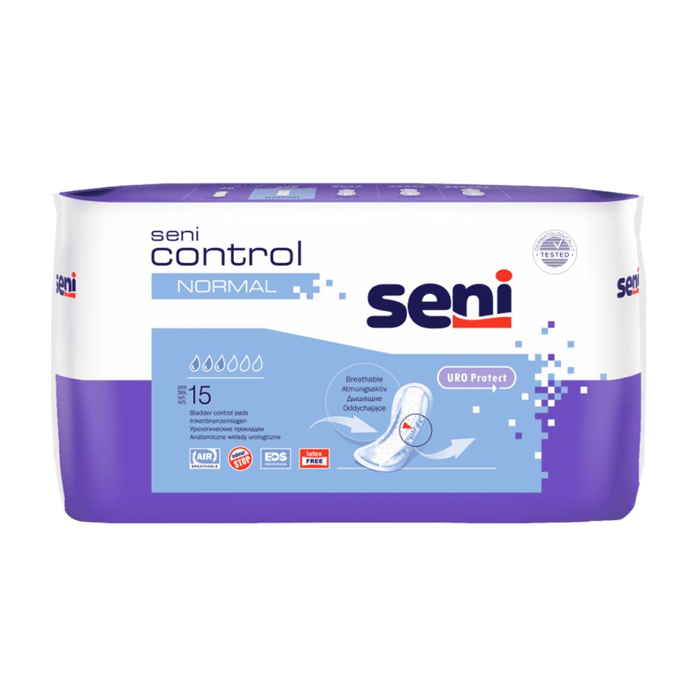 Verpackung von Seni Control Normal Inkontinenzeinlagen. Lila-weiße Verpackung mit Produktbezeichnung und Logo. 15 Stück.