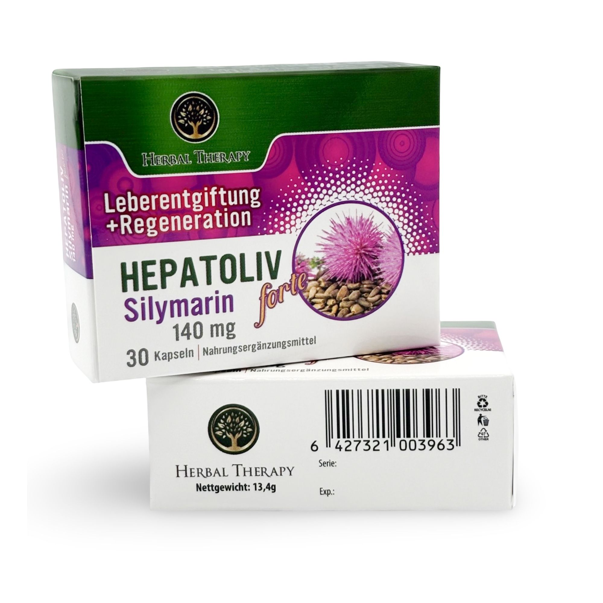 Zwei Schachteln HEPATOLIV Silymarin forte 140 mg. Aufschrift: Leberentgiftung + Regeneration. 30 Kapseln. Nahrungsergänzungsmittel.