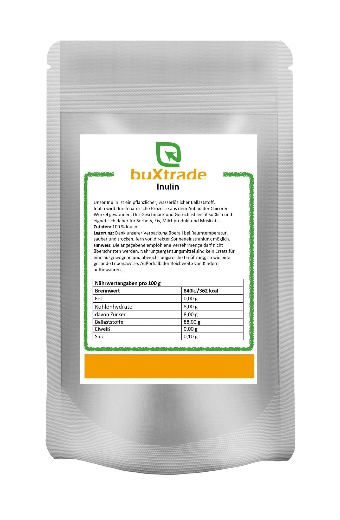 Beutel mit Etikett. Etikett mit Text und Nährwertangaben. Marke: buXtrade, Produkt: Inulin.