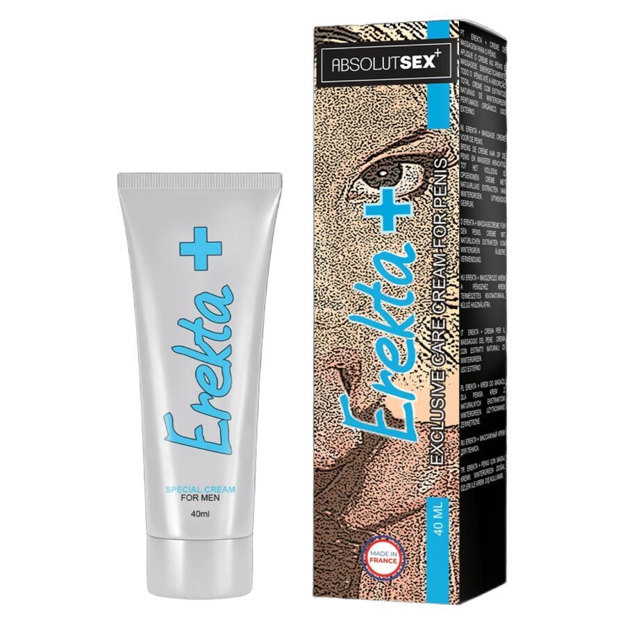 Creme-Tube und Verpackung. Tube mit Aufschrift Erekta+, 40ml. Verpackung mit Aufschrift Erekta+ und Logo AbsolutSex.