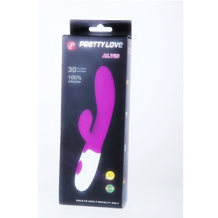 Verpackung mit lila Vibrator. Marke Pretty Love, Modell Alvis. 100% Silikon. Schwarzer Karton mit Produktabbildung.