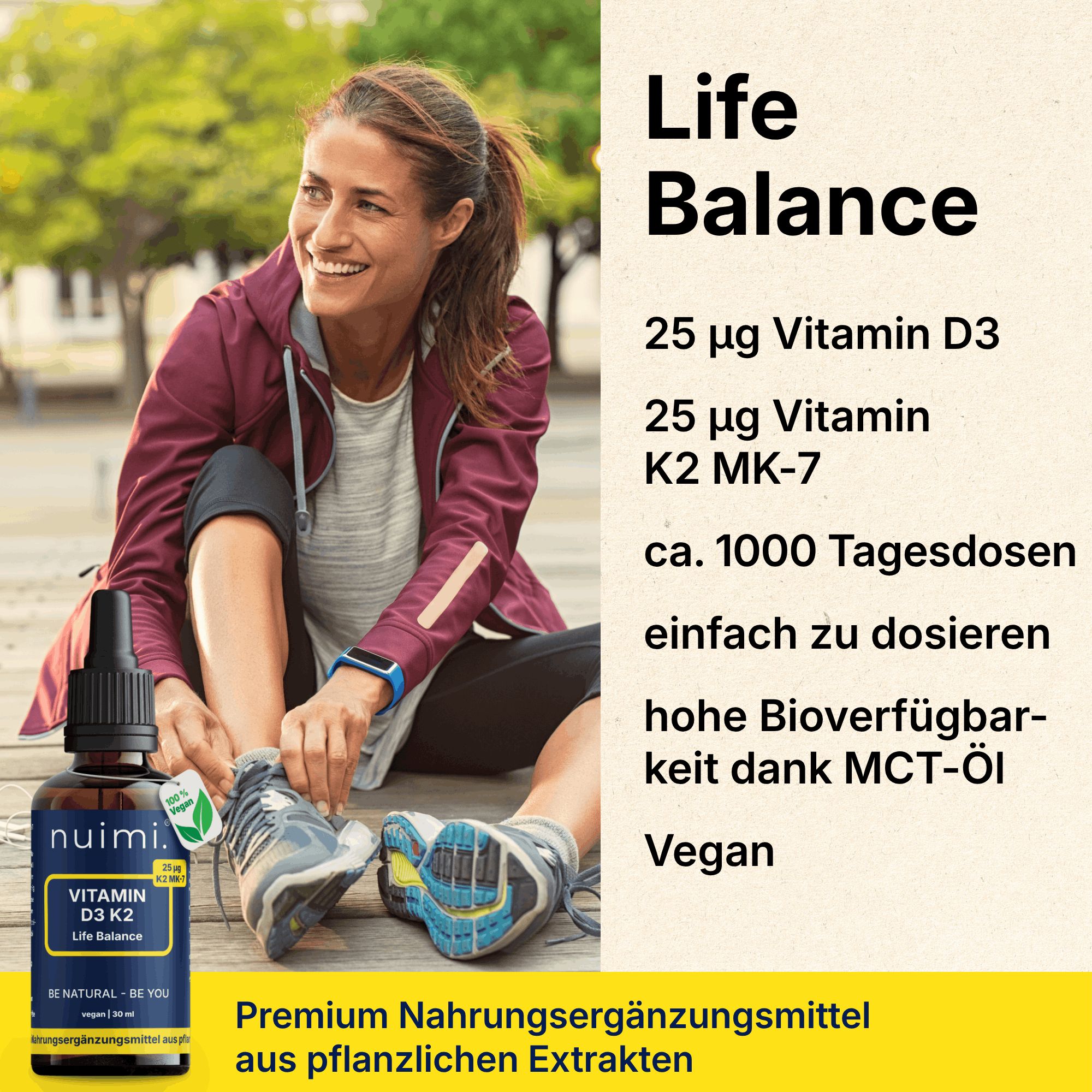 Braune Glasflasche mit Pipette, nuimi Vitamin D3 K2 Tropfen, 30 ml, vegan.