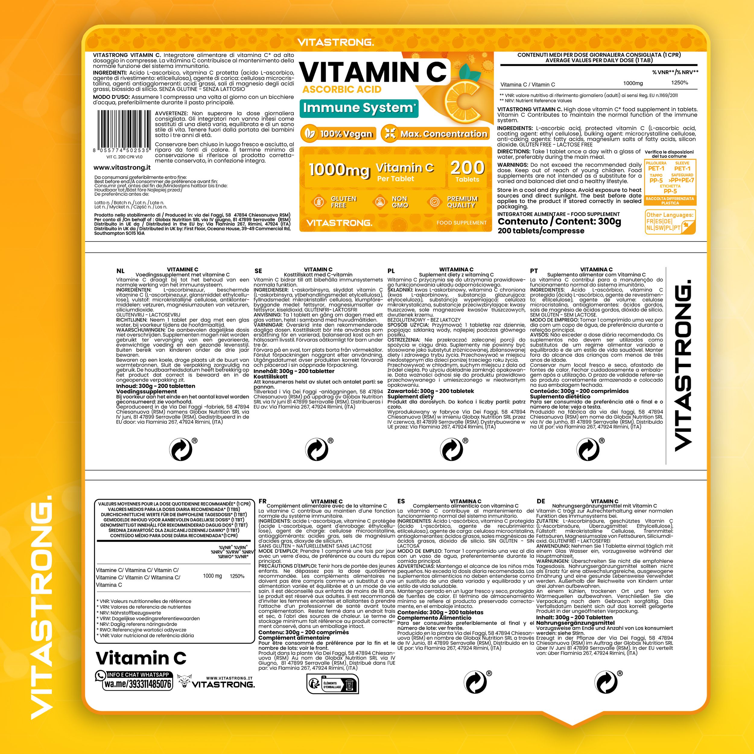 Rückseite der Vitastrong Vitamin C-Tabletten-Verpackung. Text in mehreren Sprachen. 200 Tabletten, 1000mg. Text: Ascorbinsäure, Immunsystem.
