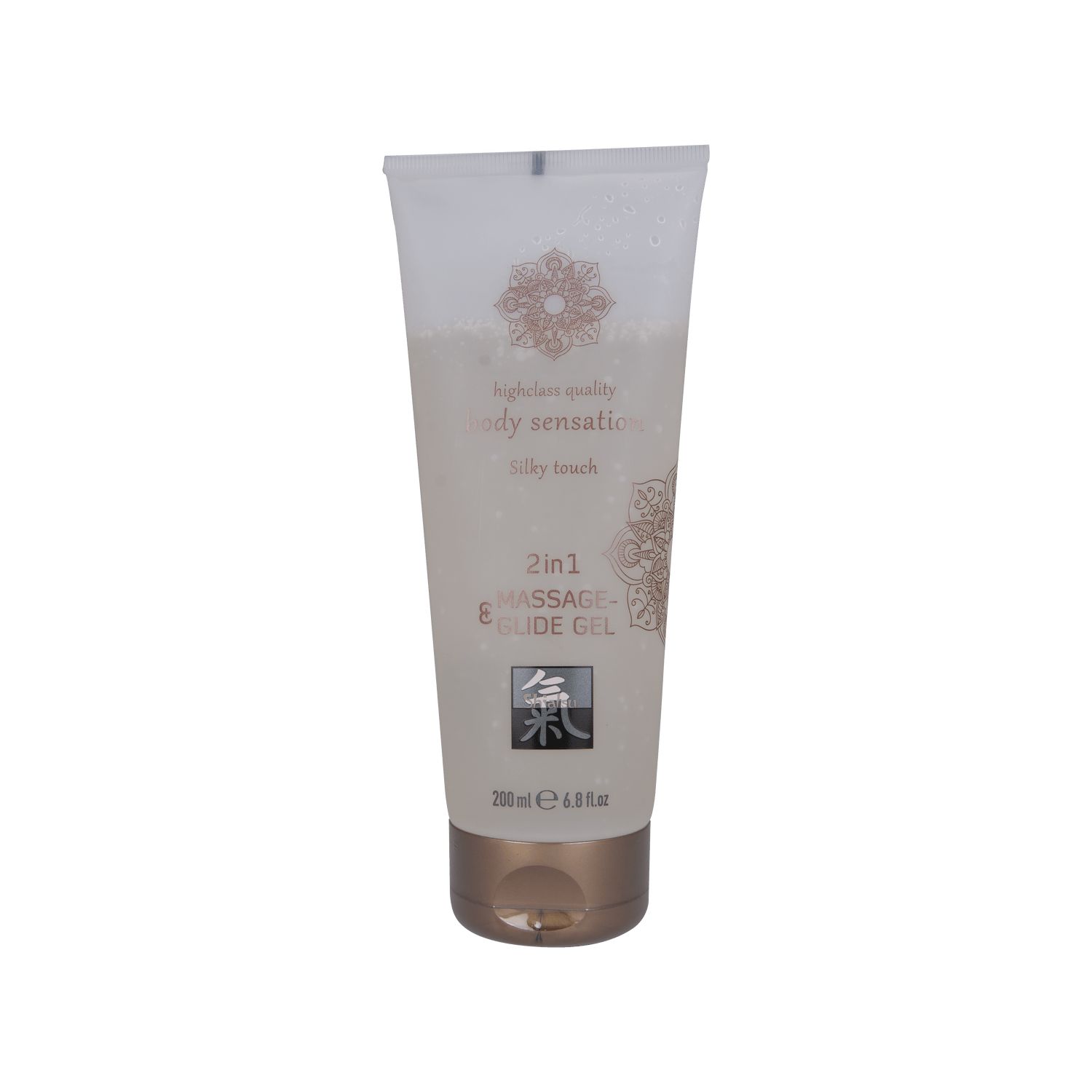 Tube mit Massage- & Gleitgel. Text: body sensation, Silky touch, 2in1 Massage-Glide Gel. Brauner Verschluss.