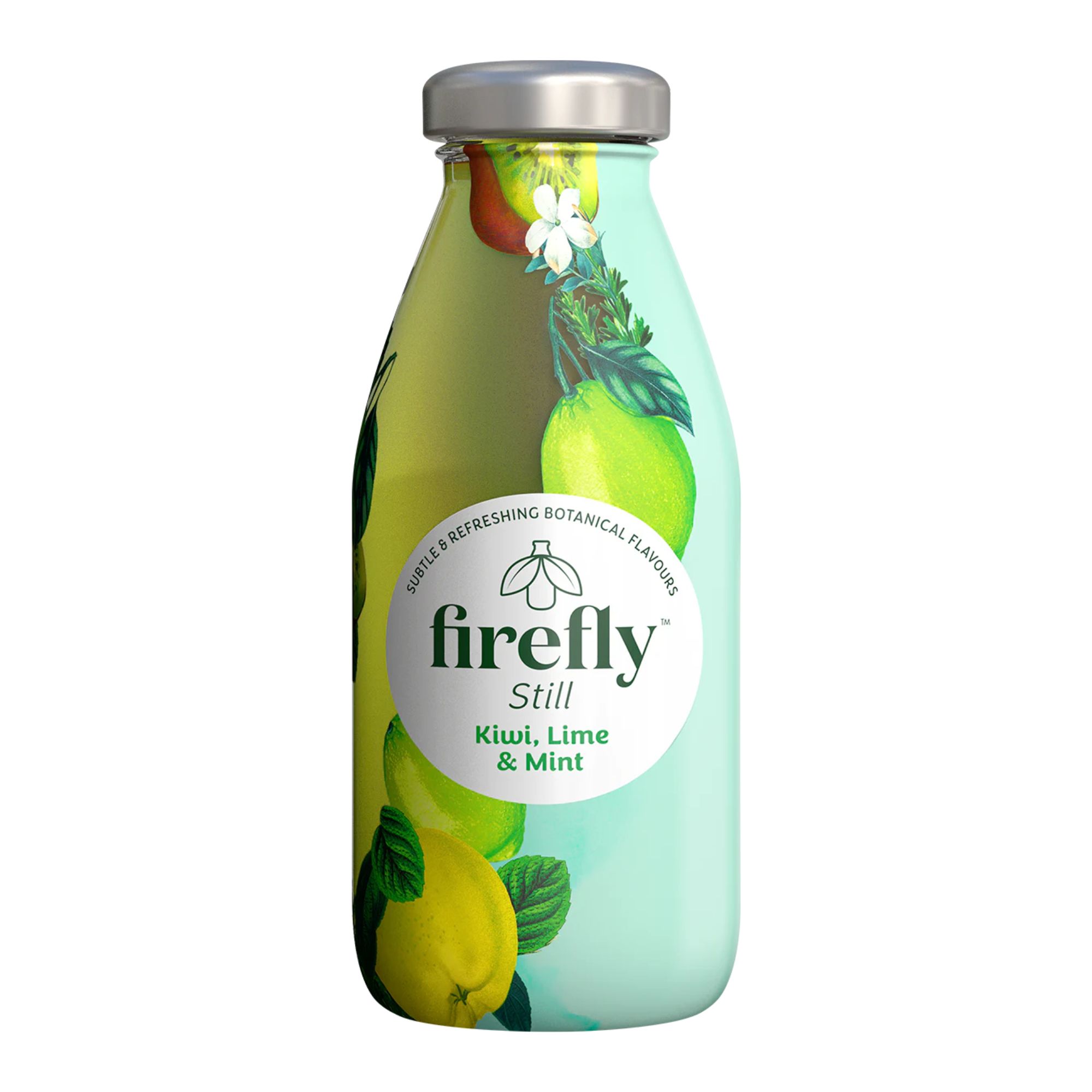 Firefly Still-Getränk. Flasche mit Metallverschluss. Etikett mit Kiwi, Limette und Minze. Botanische Aromen.