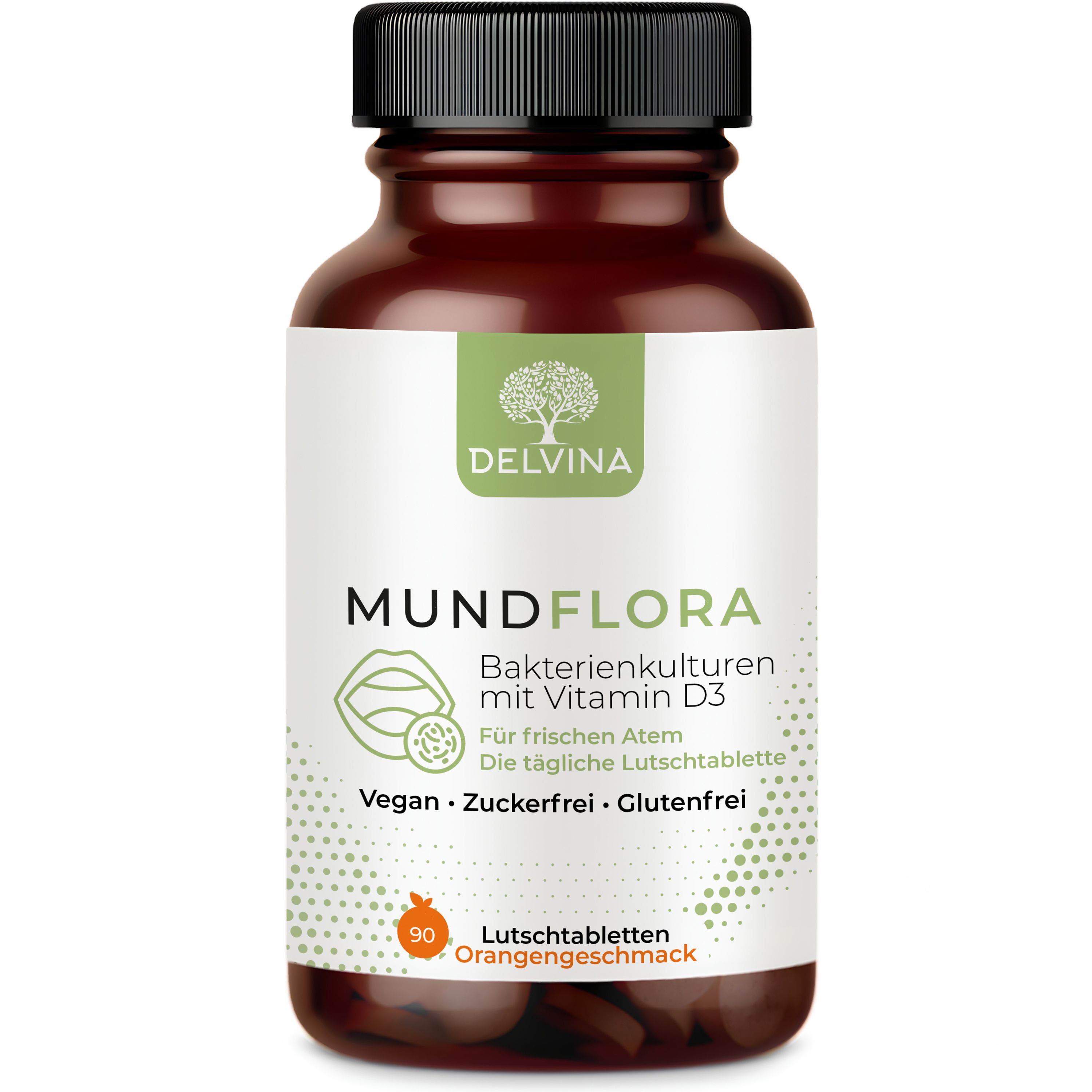 Braune Flasche mit weißen Etikett. Aufschrift: Delvina Mundflora, Bakterienkulturen mit Vitamin D3. 90 Lutschtabletten, Orangengeschmack.
