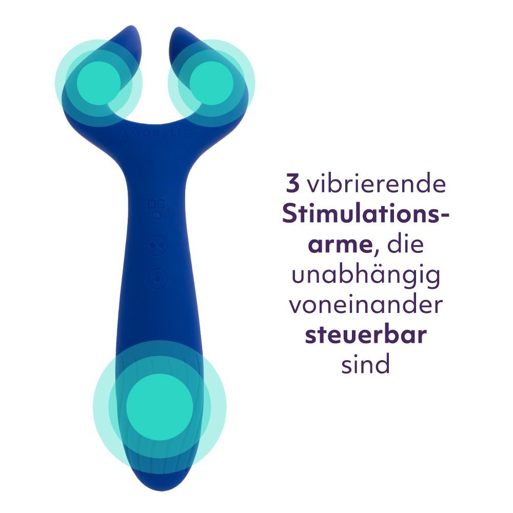 Blauer Paarvibrator mit drei Vibrationsarmen. Text: 3 vibrierende Stimulationsarme, die unabhängig steuerbar sind.