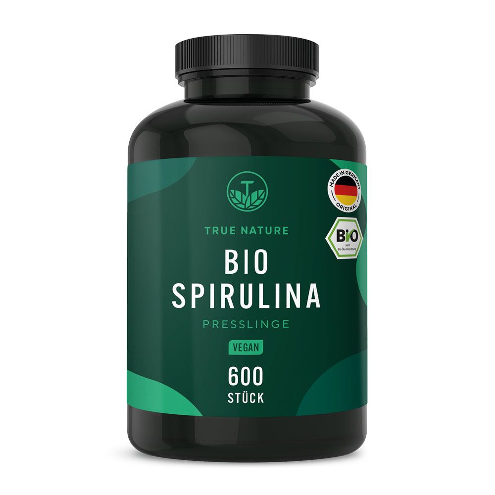 Bio Spirulina Presslinge in dunkler Dose, 600 Stück.