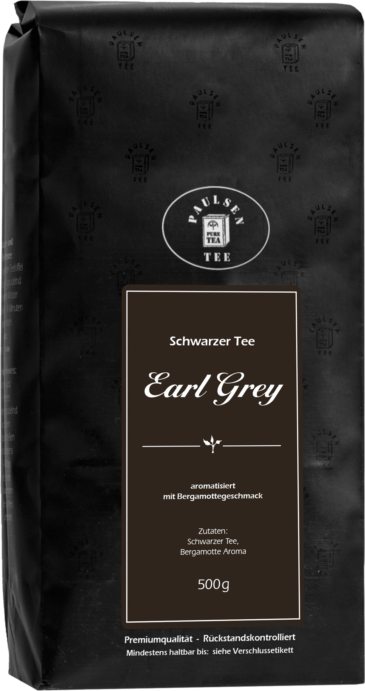 Schwarzer Tee Earl Grey in schwarzer Verpackung. Logo und Textdetails. 500g Packung.
