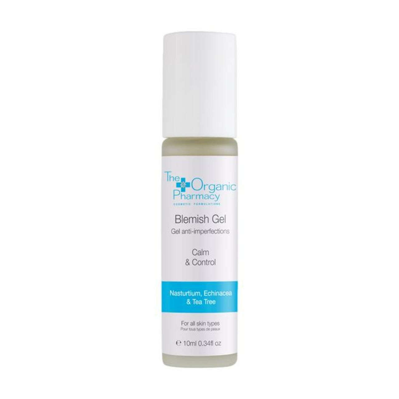 Blemish Gel. Weißes Fläschchen mit Roll-on-Applikator. Text: The Organic Pharmacy, Blemish Gel, Calm & Control, 10ml.