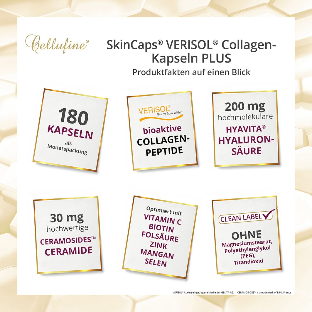 Produktfakten: 180 Kapseln, bioaktive Collagen-Peptide, 200 mg Hyaluronsäure, 30 mg Ceramide, Vitamin C, Biotin, Zink, Mangan, Selen. Ohne Zusätze.