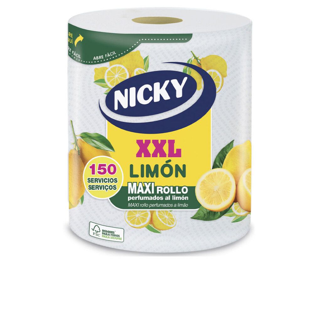 Küchenpapierrolle mit Zitronen-Dekor. Aufschrift: Nicky XXL Limón. 150 Blatt. Maxi Rollo. FSC-Siegel.
