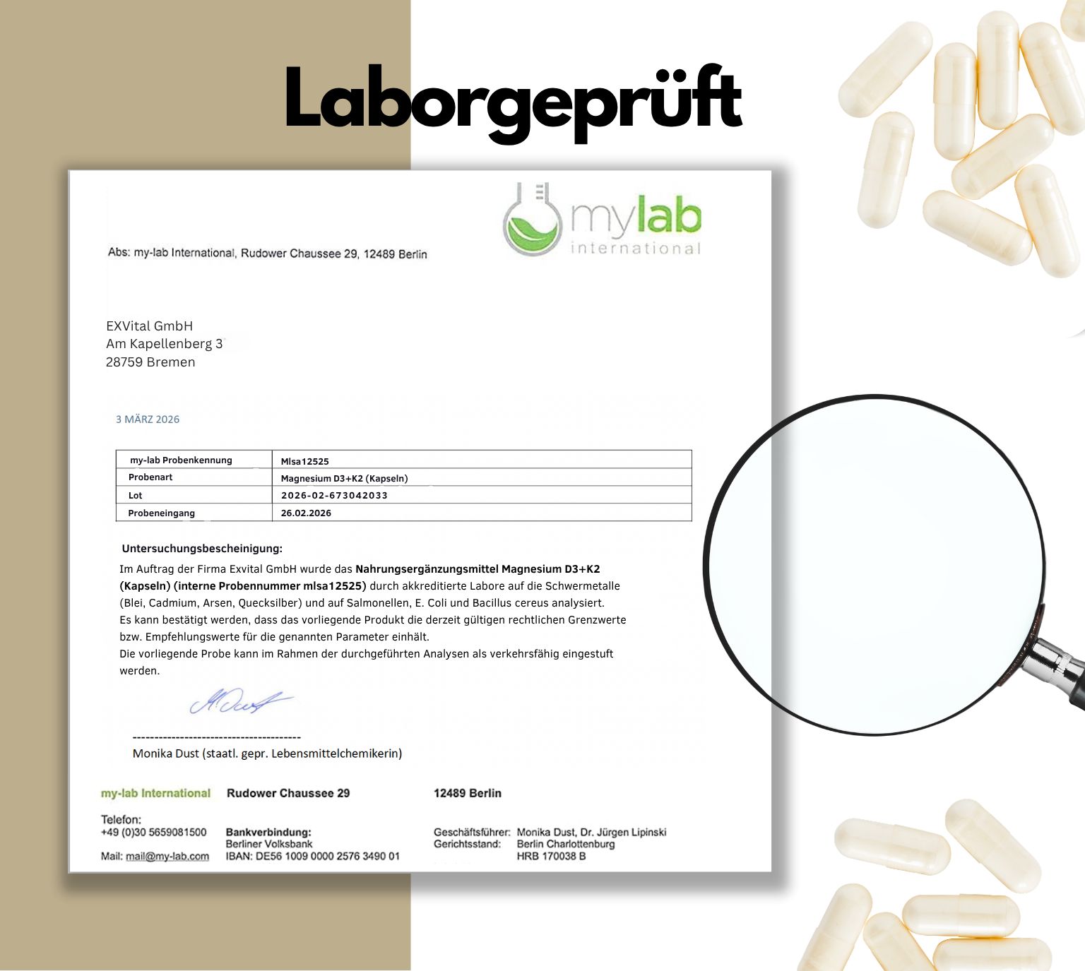 Laborbericht von mylab international für ExVital GmbH. Kapseln liegen daneben.