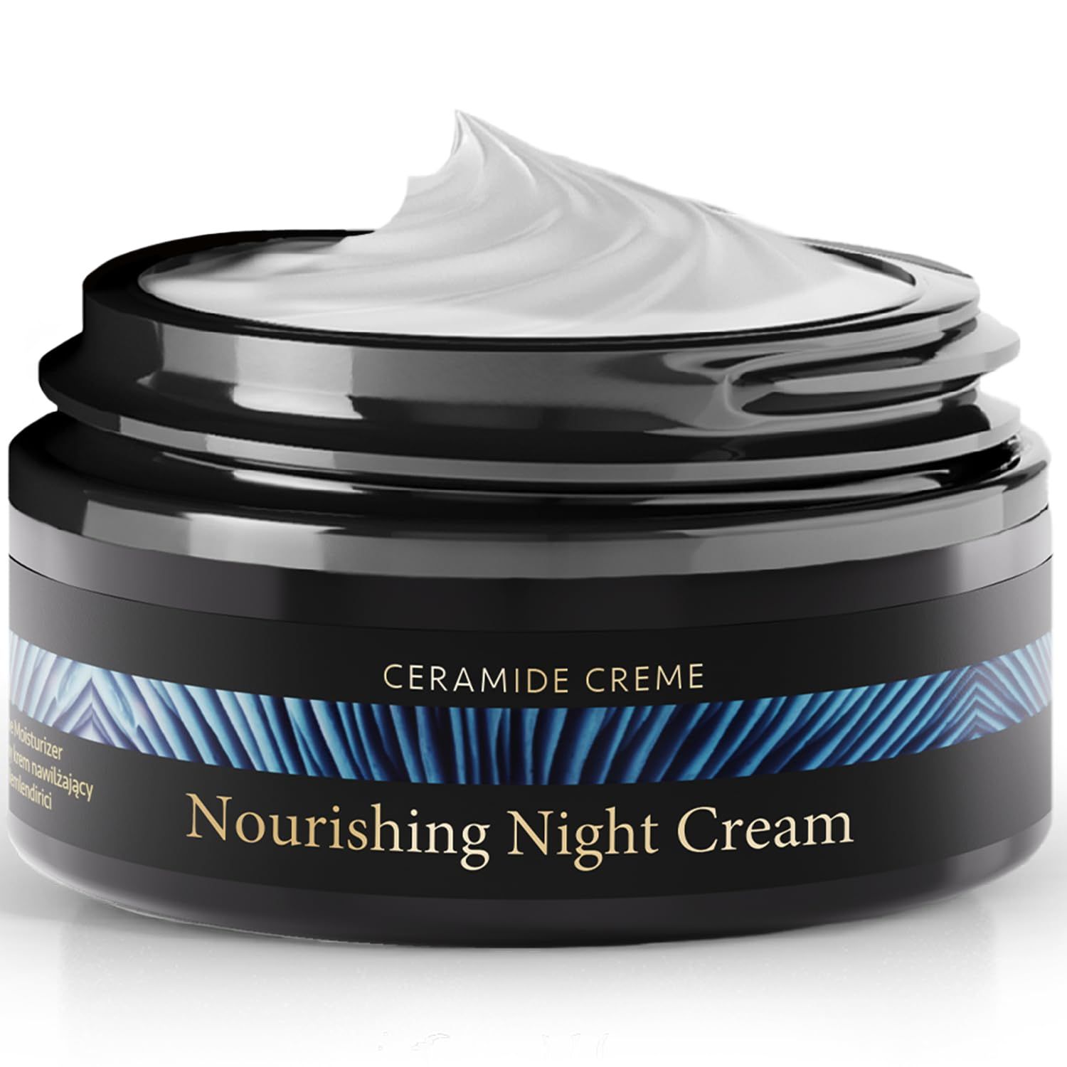 Tiegel mit Creme. Text: Ceramide Creme, Nourishing Night Cream. Schwarzer Tiegel mit blauem Muster und schwarzem Deckel.