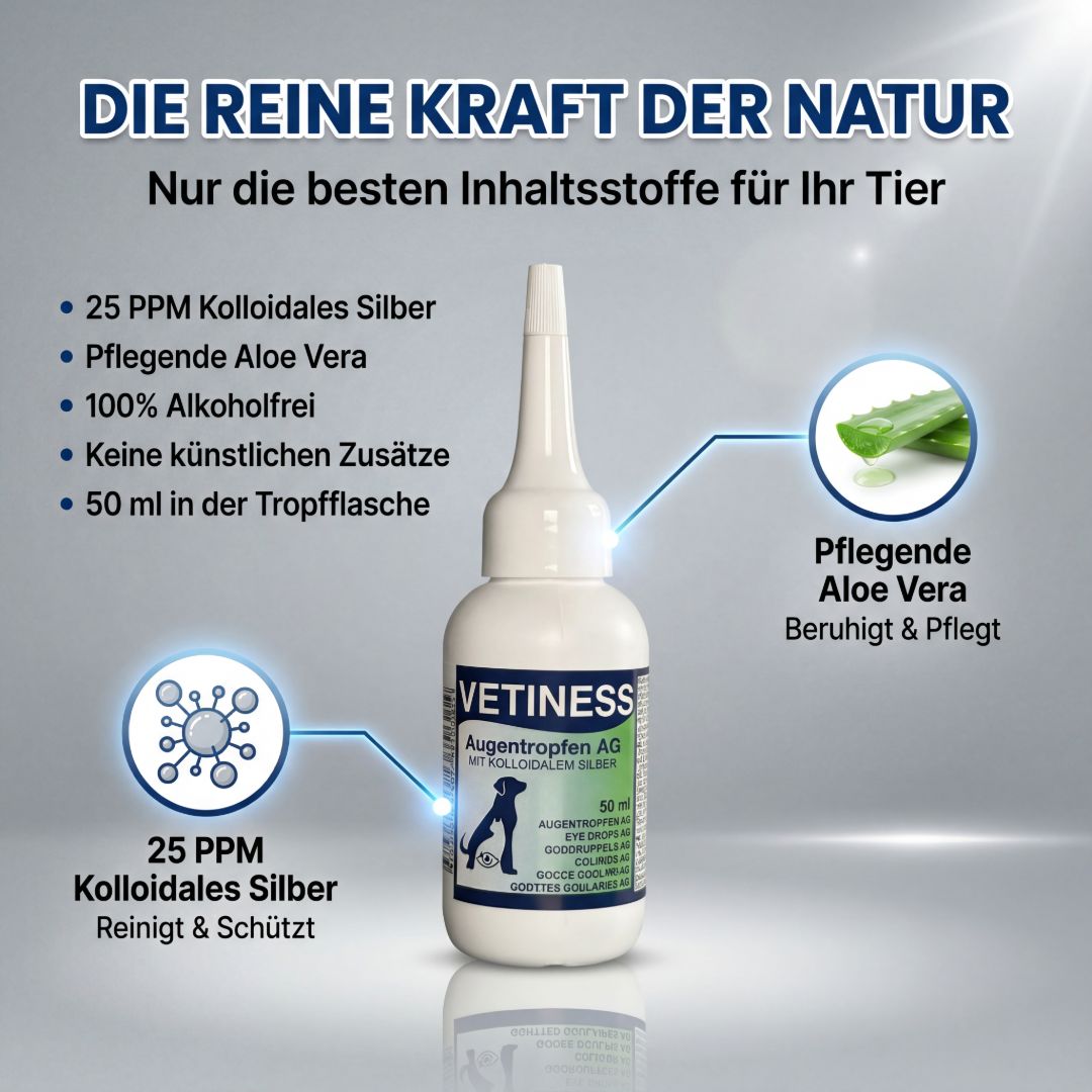 Weißes Augentropfen-Fläschchen. Text: Die reine Kraft der Natur. Inhaltsstoffe: 25 PPM kolloidales Silber, Aloe Vera, alkoholfrei, keine Zusätze.