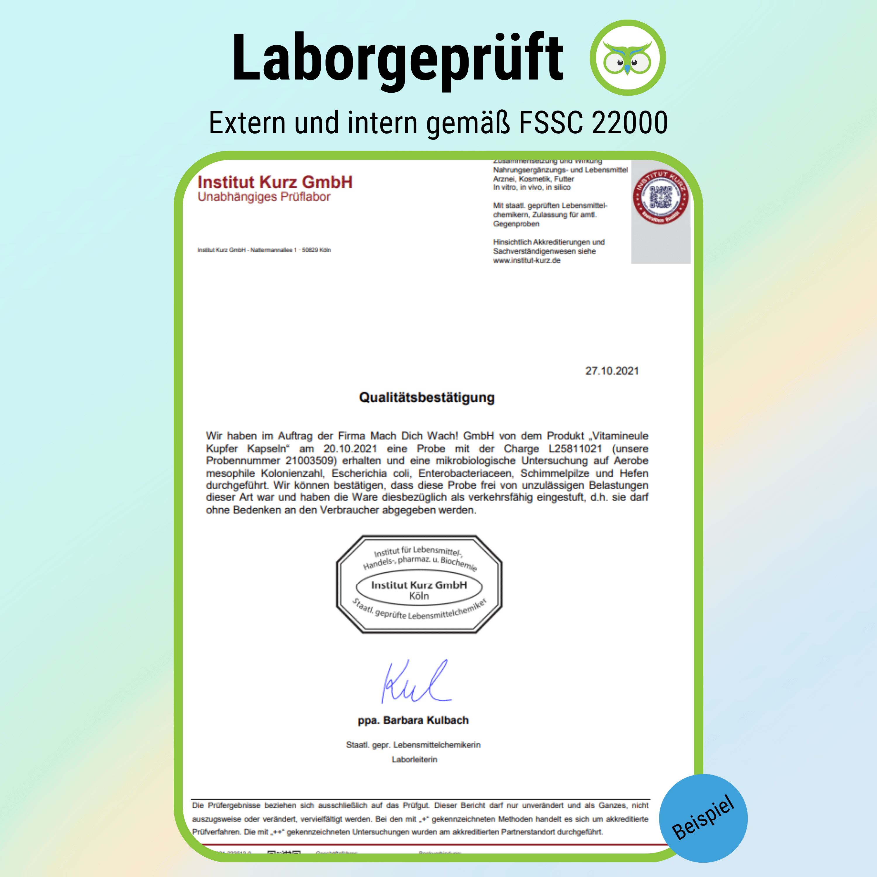 Zertifizierungsdokument von Institut Kurz GmbH. Bestätigung der Qualitätskontrolle für "Vitamineule Kupfer Kapseln".