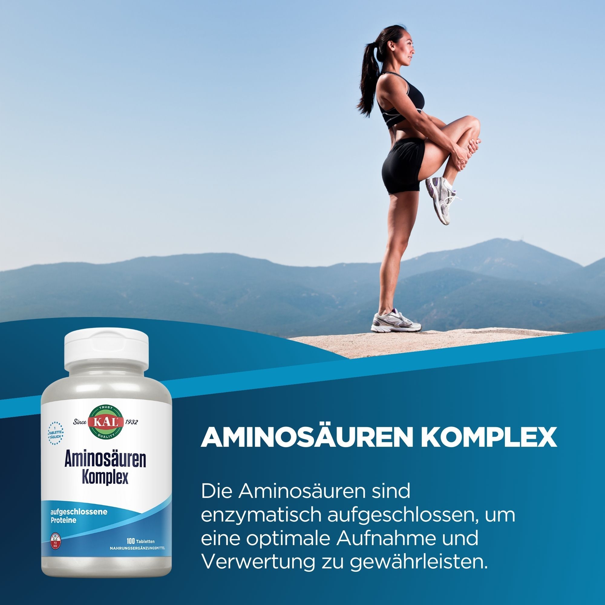 Frau beim Dehnen neben einer Flasche KAL Aminosäuren Komplex. Text: Aminosäuren Komplex. Logo: KAL.