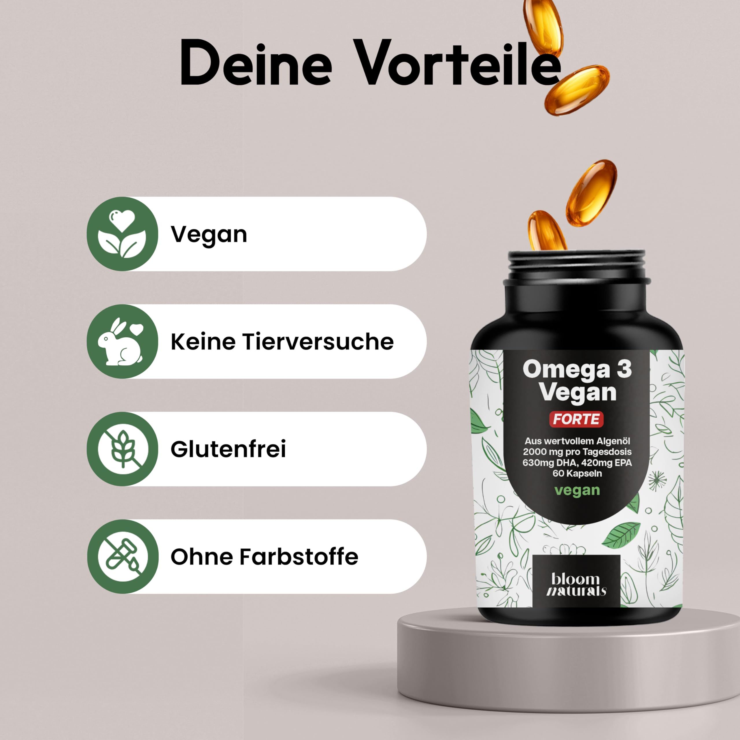 Produktflasche mit Omega 3 Vegan Forte. Text: Vegan, keine Tierversuche, glutenfrei, ohne Farbstoffe.