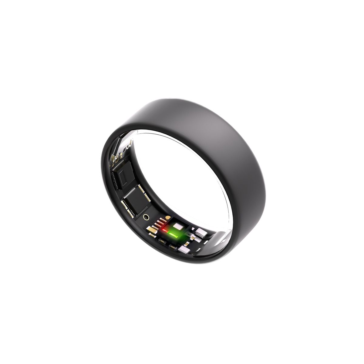 Mattschwarzer Ring. Innere elektronische Komponenten sichtbar. Runde Form. Farbige LED-Anzeige.