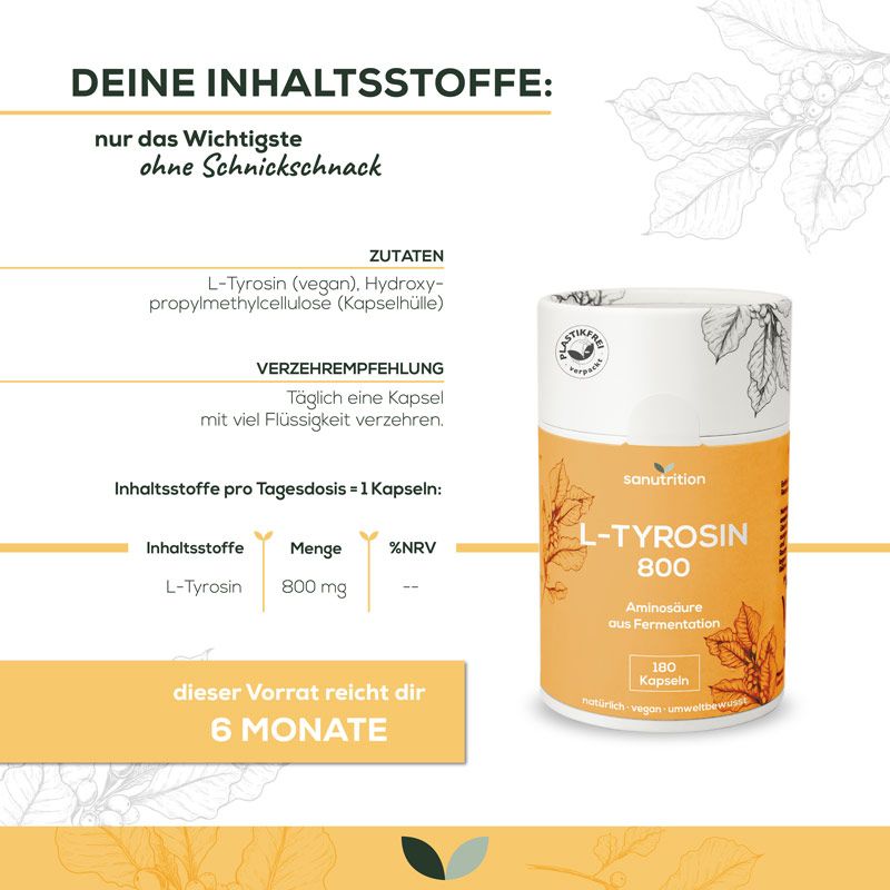 Infografik mit Sanutrition L-Tyrosin 800. Dose, Zutaten, Verzehrempfehlung, 180 Kapseln. Inhalt: L-Tyrosin 800 mg. Vorrat für 6 Monate.