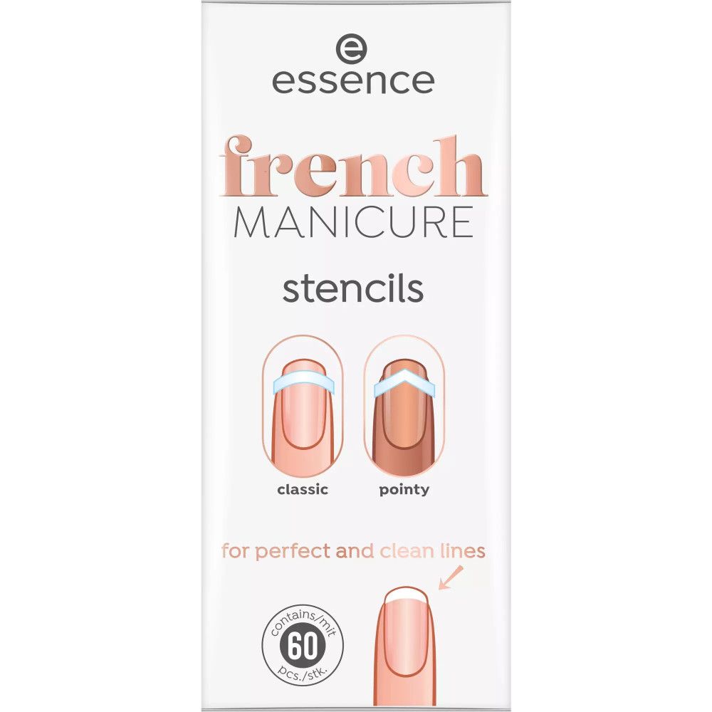Verpackung mit Essence French Manicure Schablonen. Enthält 60 Stück. Aufdruck: French Manicure Stencils, für perfekte Linien.