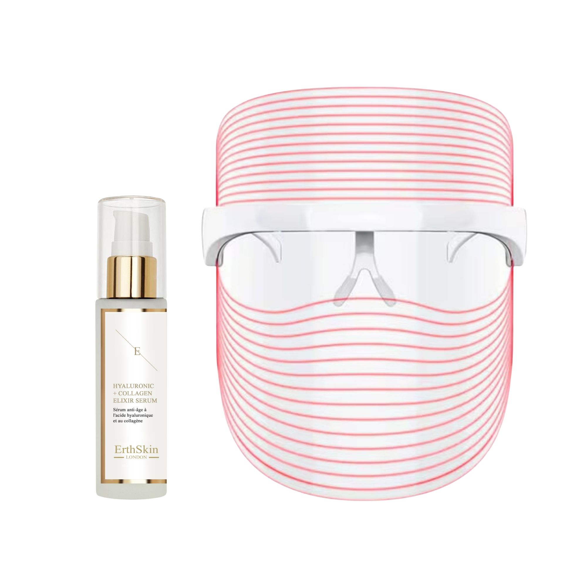 LED-Gesichtsmaske mit weißen Bügeln und transparenten Schutzbrillen, daneben eine Sprühflasche mit goldfarbenem Verschluss.